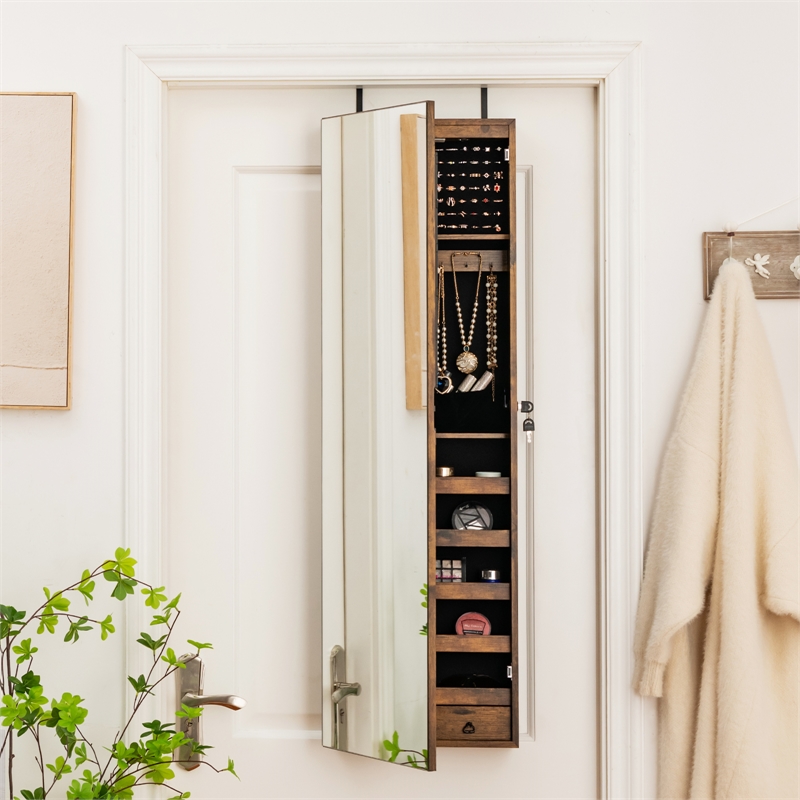 Costway Mirrored Jewelry Cabinet Jewelry Armoire w/2 LED Lights Rustic Brown