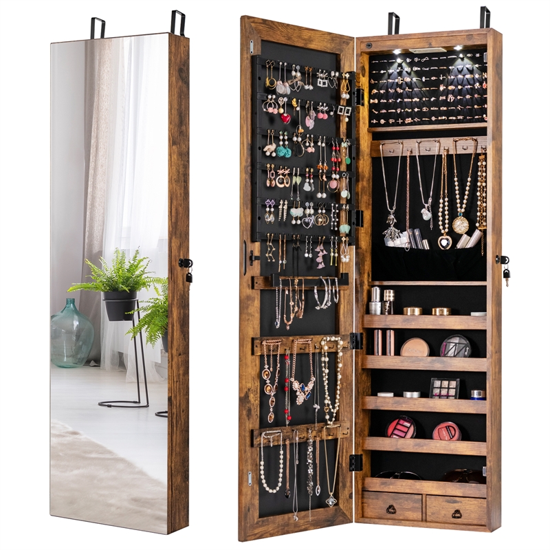 Costway Mirrored Jewelry Cabinet Jewelry Armoire w/2 LED Lights Rustic Brown