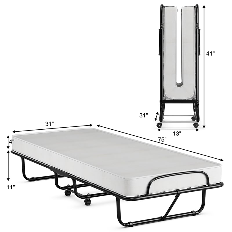 Costway Rollaway Folding Metal Bed Guest Bed Made in Italy White