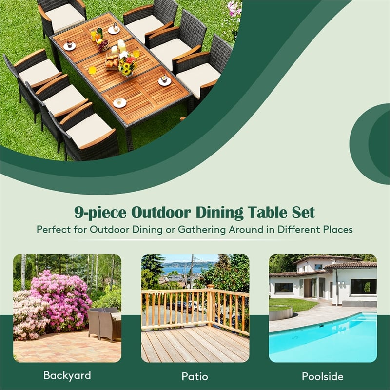 Costway 9PCS Patio Rattan Dining Set Wood Table Chair Set Mix Gray