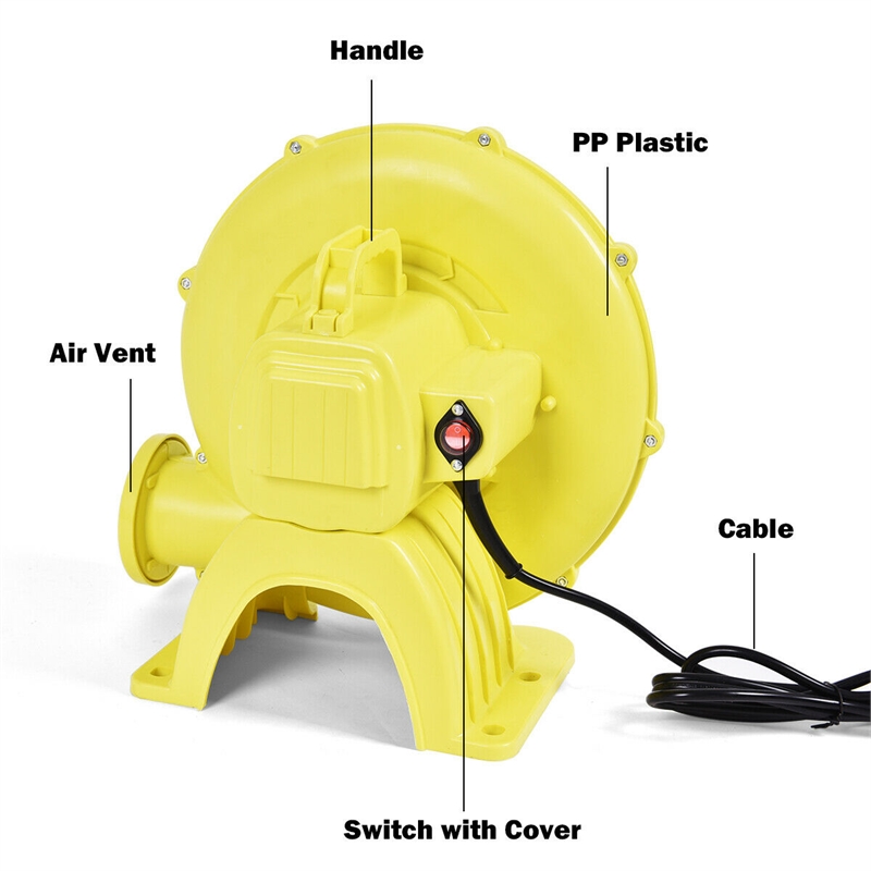 Plastic Air Blower Pump Fan 480 Watt 0.6HP For Inflatable Bouncy Castle Yellow