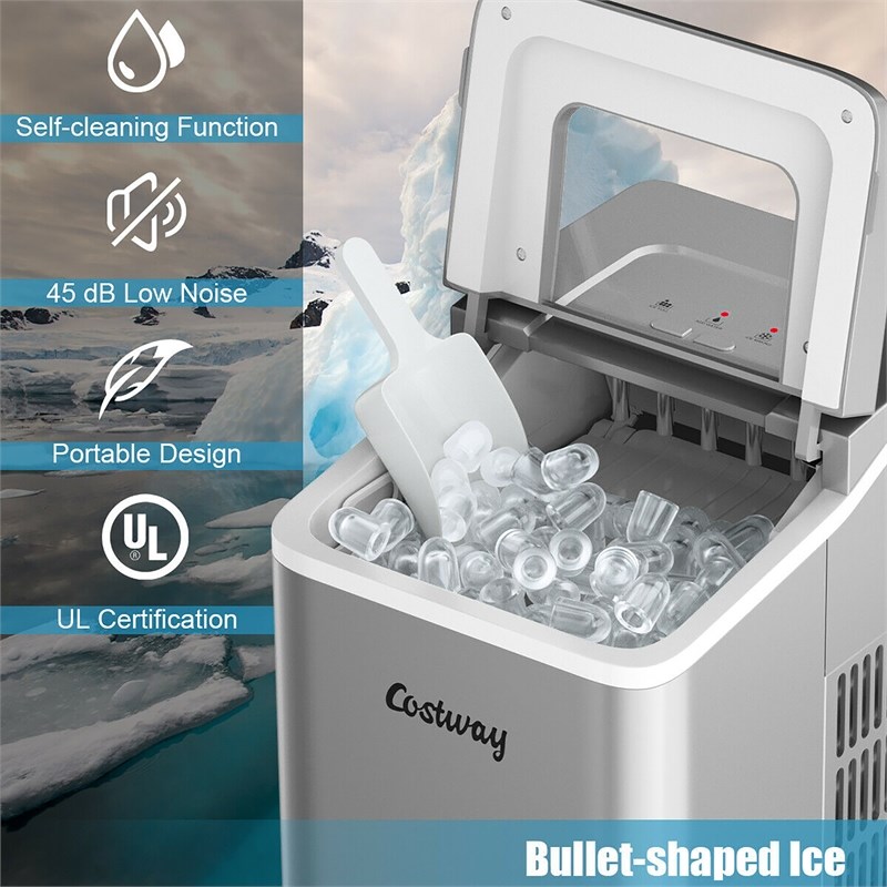 Portable Ice Maker Machine  26Lbs/24H Self-cleaning w/ Scoop Silver Plastic