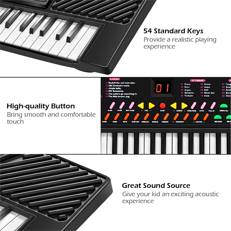 Music Electronic Keyboard Kid Electric Piano W/Mic & Adapter Black Plastic