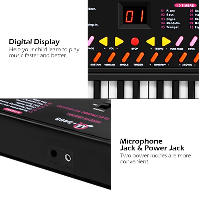 Music Electronic Keyboard Kid Electric Piano W/Mic & Adapter Black Plastic