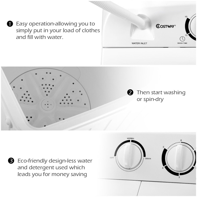 Portable Twin Tub 17.6lb Washing Machine Washer Spin Dryer White Plastic