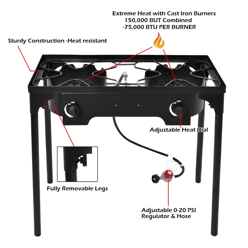 Double Burner Gas Propane Cooker Outdoor Stove Stand BBQ Grill Black Metal