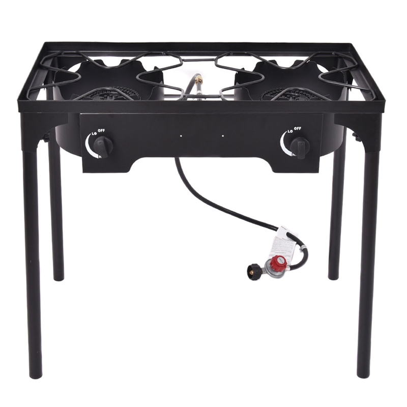 Double Burner Gas Propane Cooker Outdoor Stove Stand BBQ Grill Black Metal