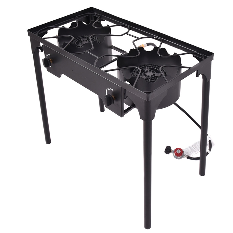 Double Burner Gas Propane Cooker Outdoor Stove Stand BBQ Grill Black Metal