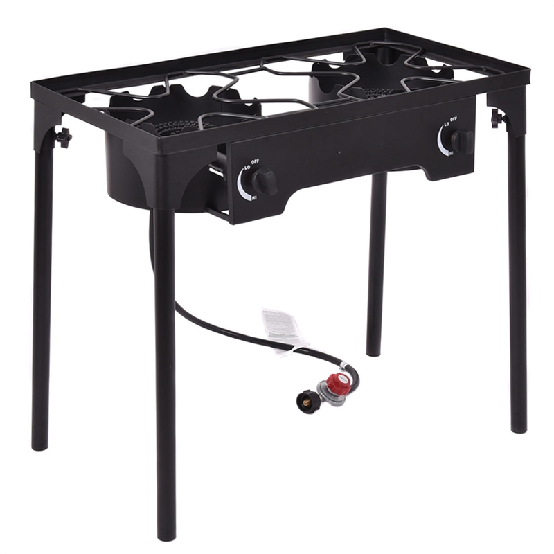 Double Burner Gas Propane Cooker Outdoor Stove Stand BBQ Grill Black Metal