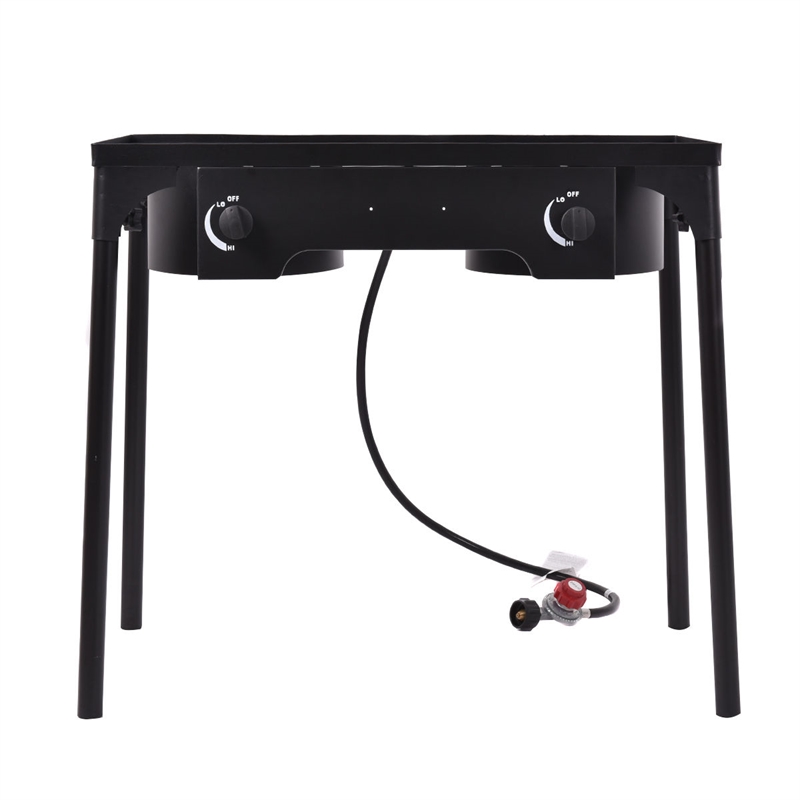 Double Burner Gas Propane Cooker Outdoor Stove Stand BBQ Grill Black Metal