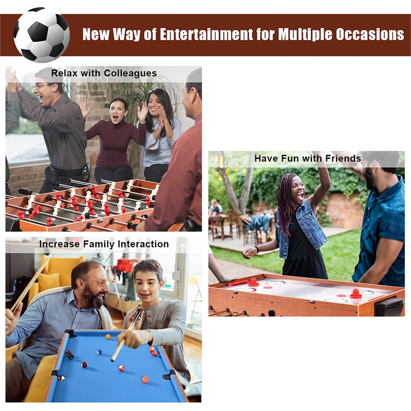 48'' 3-In-1 Multi Combo Game Table Soccer Billiards Hockey For Kids Orange Wood