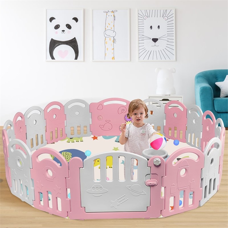 18-Panel Baby Playpen Activity Center Playard withMusic Box Pink Plastic