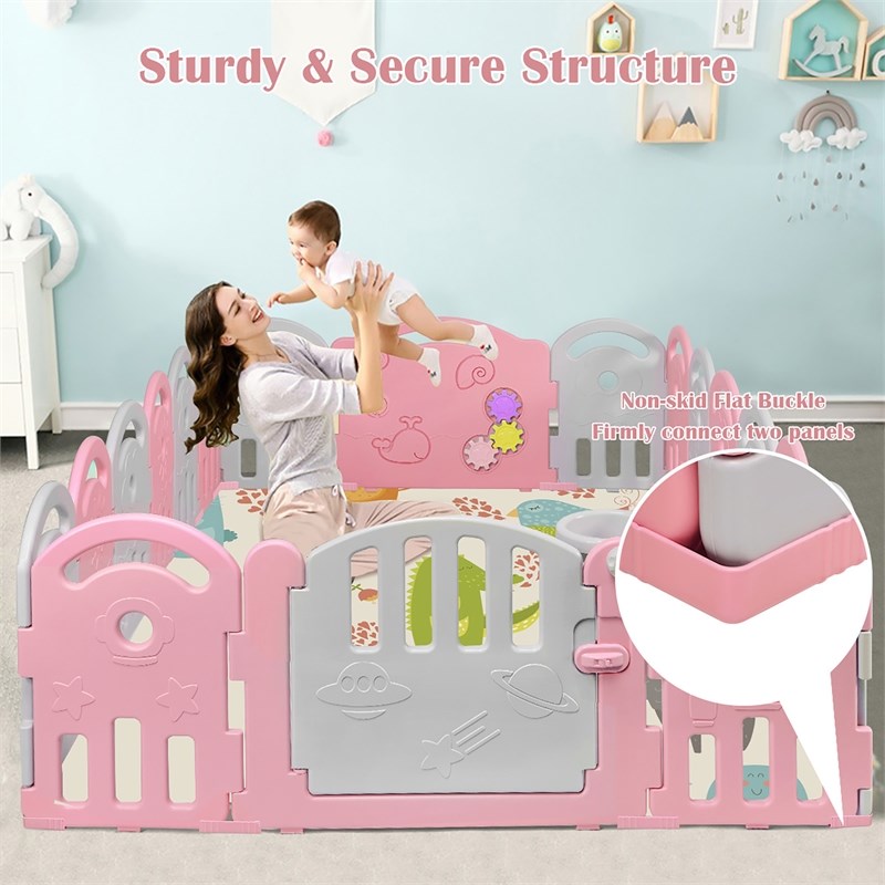 18-Panel Baby Playpen Activity Center Playard withMusic Box Pink Plastic