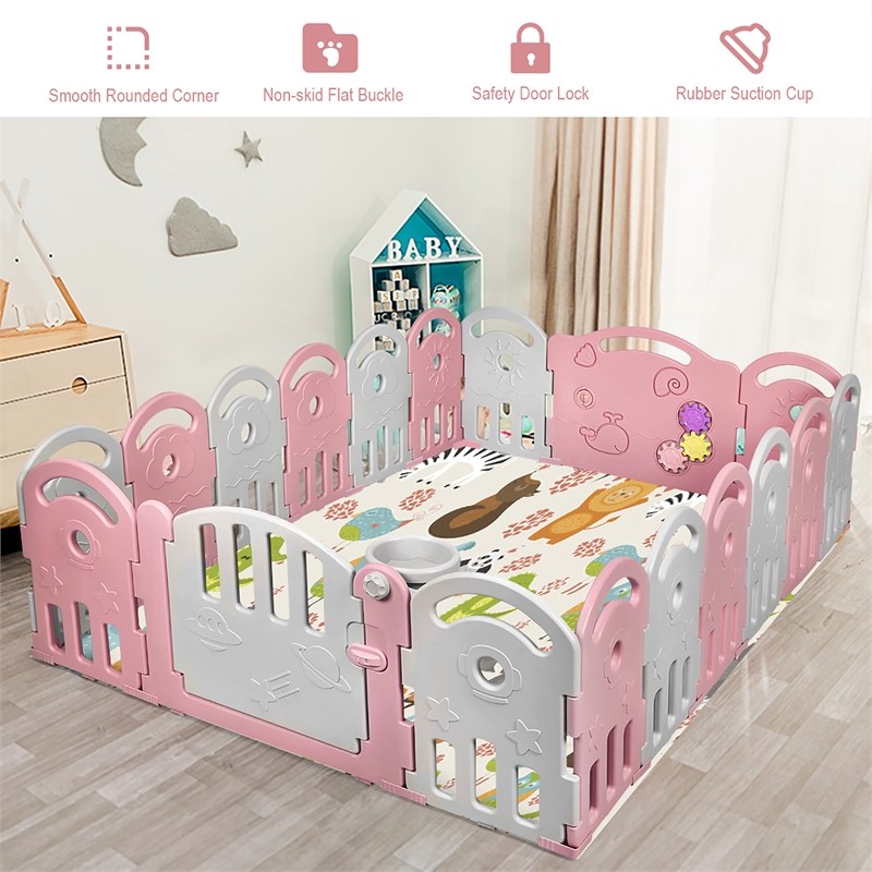 18-Panel Baby Playpen Activity Center Playard withMusic Box Pink Plastic