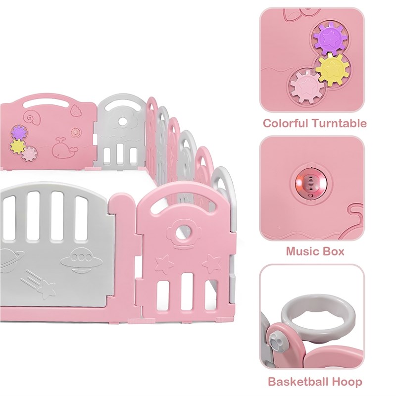18-Panel Baby Playpen Activity Center Playard withMusic Box Pink Plastic