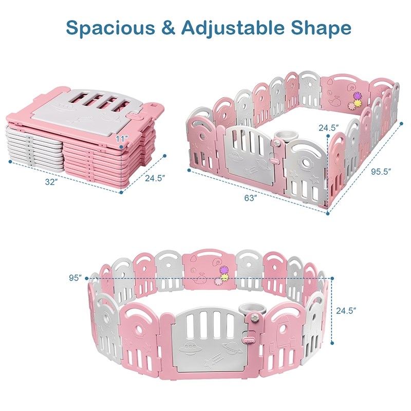 18-Panel Baby Playpen Activity Center Playard withMusic Box Pink Plastic