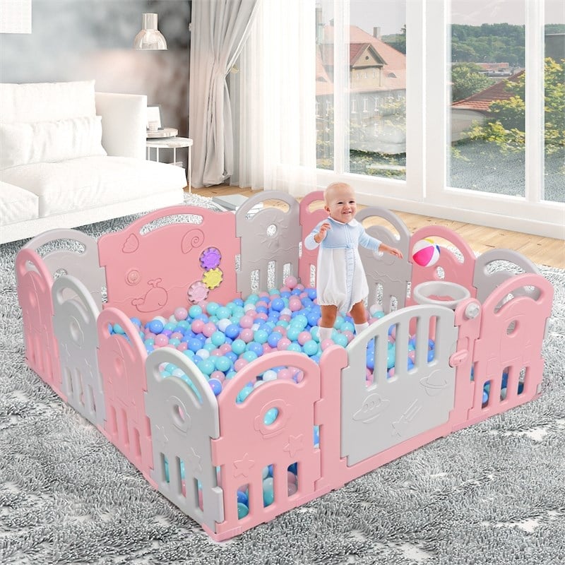 Costway 14-Panel Baby Playpen Activity Center Playard Pink Gray Plastic