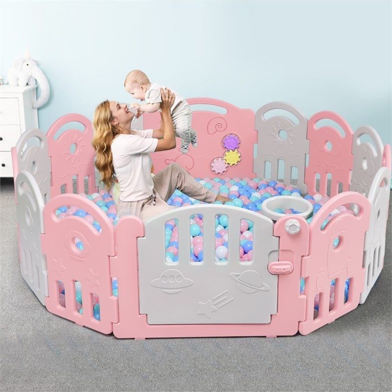 Costway 14-Panel Baby Playpen Activity Center Playard Pink Gray Plastic