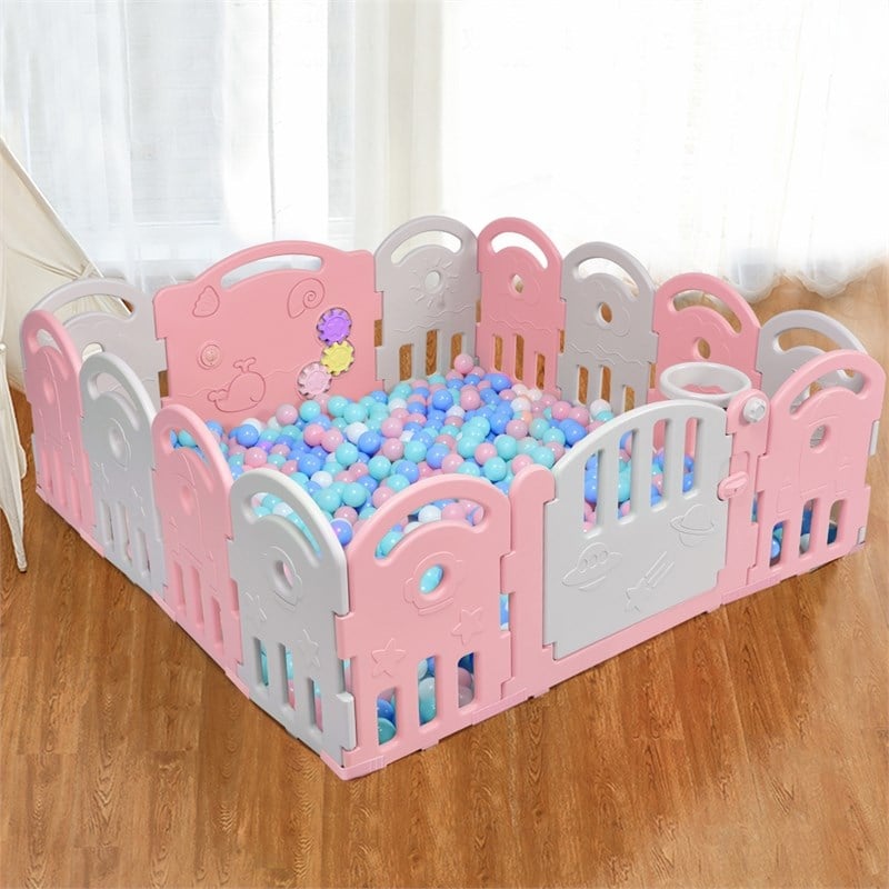 Costway 14-Panel Baby Playpen Activity Center Playard Pink Gray Plastic