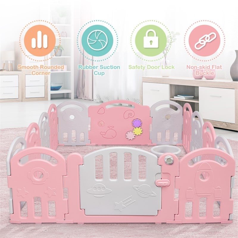 Costway 14-Panel Baby Playpen Activity Center Playard Pink Gray Plastic