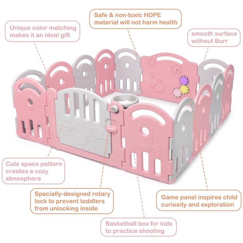 Costway 14-Panel Baby Playpen Activity Center Playard Pink Gray Plastic