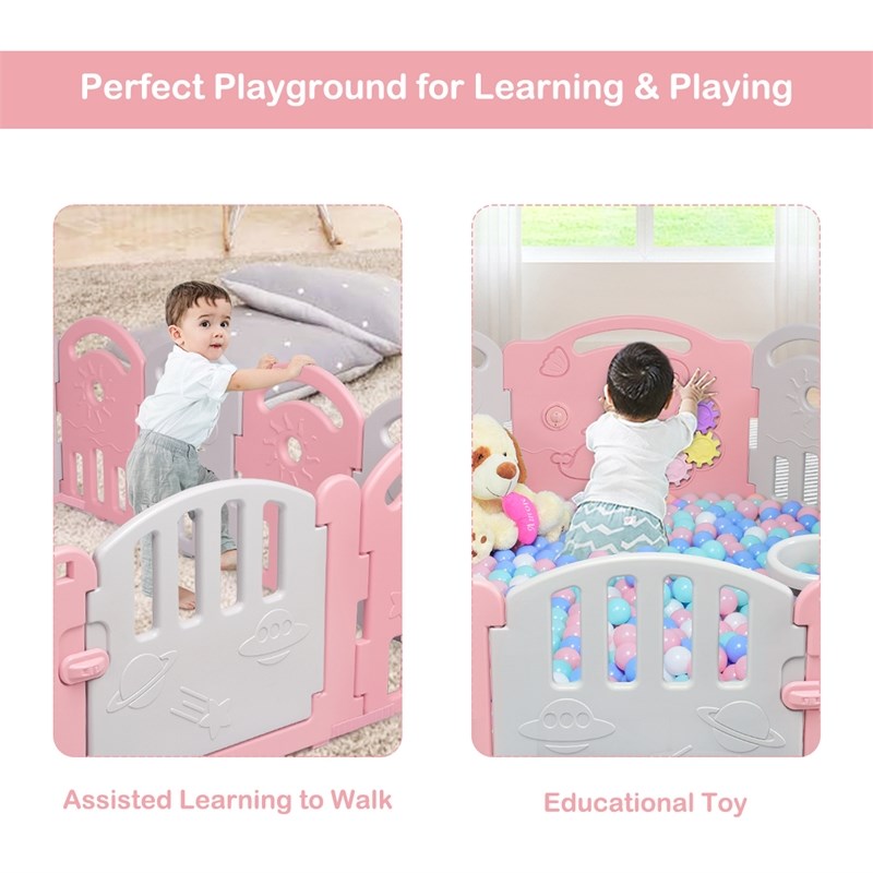 Costway 14-Panel Baby Playpen Activity Center Playard Pink Gray Plastic