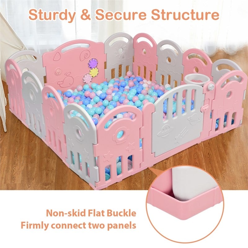 Costway 14-Panel Baby Playpen Activity Center Playard Pink Gray Plastic