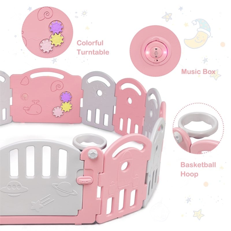 Costway 14-Panel Baby Playpen Activity Center Playard Pink Gray Plastic