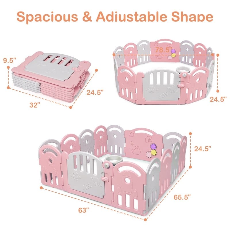 Costway 14-Panel Baby Playpen Activity Center Playard Pink Gray Plastic