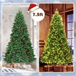 7.5Ft Pre-lit Hinged Christmas Tree w/ Pine Cones Red Berries and 550 LED Green