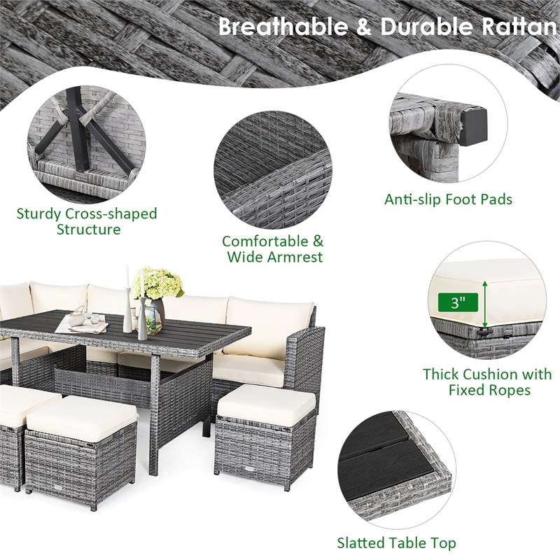 7 PCS Patio Rattan Dining Set Sectional Sofa Couch Ottoman Garden White
