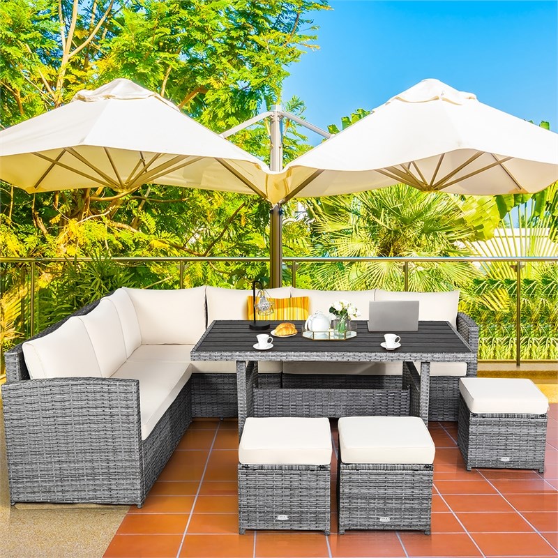 7 PCS Patio Rattan Dining Set Sectional Sofa Couch Ottoman Garden White