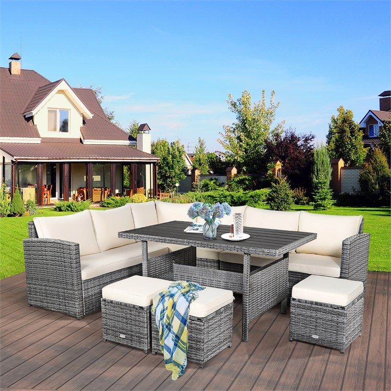 7 PCS Patio Rattan Dining Set Sectional Sofa Couch Ottoman Garden White
