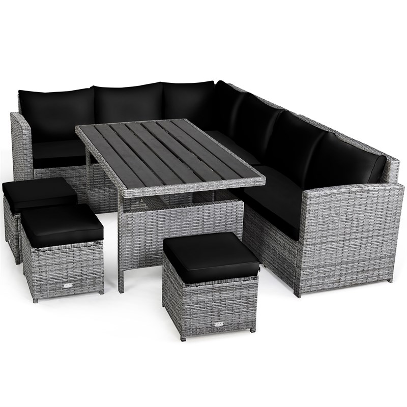 7 PCS Patio Rattan Dining Set Sectional Sofa Couch Ottoman Garden Black