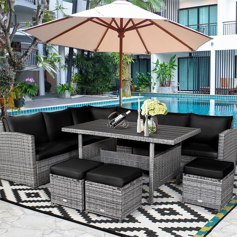 7 PCS Patio Rattan Dining Set Sectional Sofa Couch Ottoman Garden Black