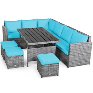 7 PCS Patio Rattan Dining Set Sectional Sofa Couch Ottoman Garden  Turquoise