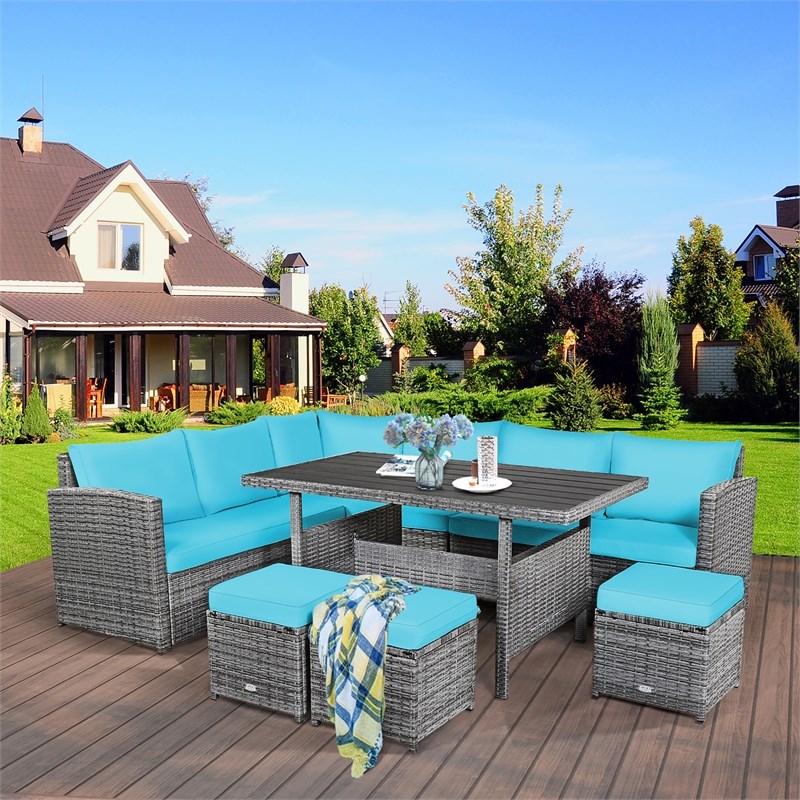 7 PCS Patio Rattan Dining Set Sectional Sofa Couch Ottoman Garden  Turquoise