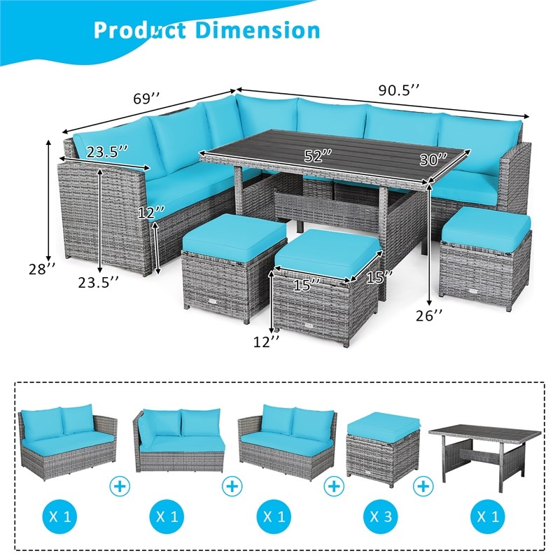 7 PCS Patio Rattan Dining Set Sectional Sofa Couch Ottoman Garden  Turquoise