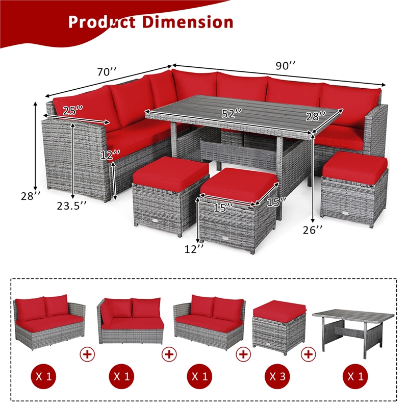 7 PCS Patio Rattan Dining Set Sectional Sofa Couch Ottoman Garden Red