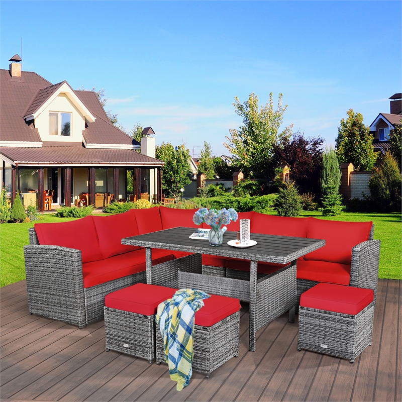 7 PCS Patio Rattan Dining Set Sectional Sofa Couch Ottoman Garden Red