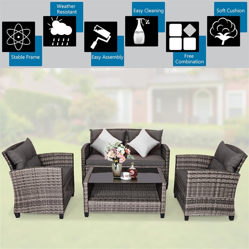 4PCS Patio Rattan Furniture Set Coffee Table Cushioned Sofa Garden Lawn Gray