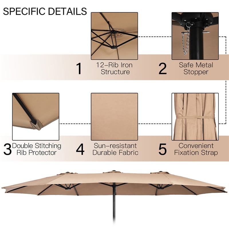 15 Ft Patio Double Sided Umbrella Outdoor Market Umbrella Coffee