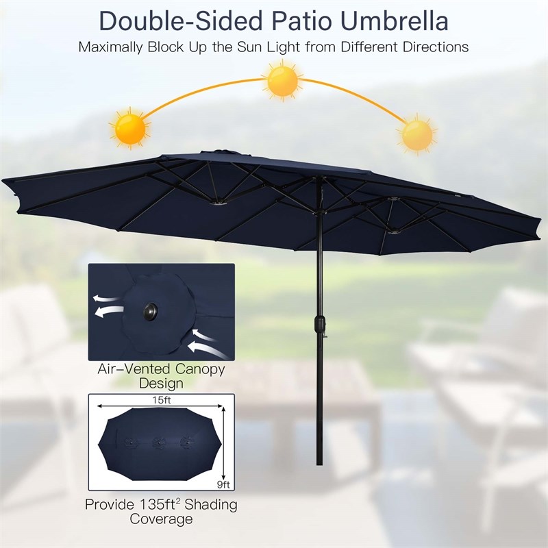 15 Ft Patio Double Sided Umbrella Outdoor Market Umbrella Navy