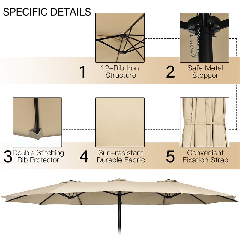 15 Ft Patio Double Sided Umbrella Outdoor Market Umbrella Beige