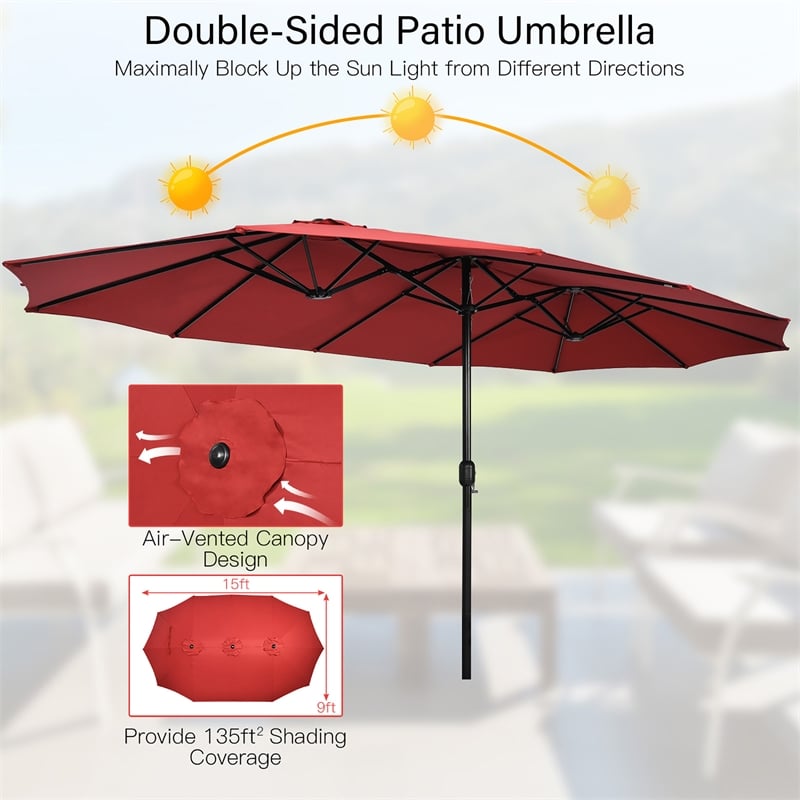 15 Ft Patio Double Sided Umbrella Outdoor Market Umbrella Red