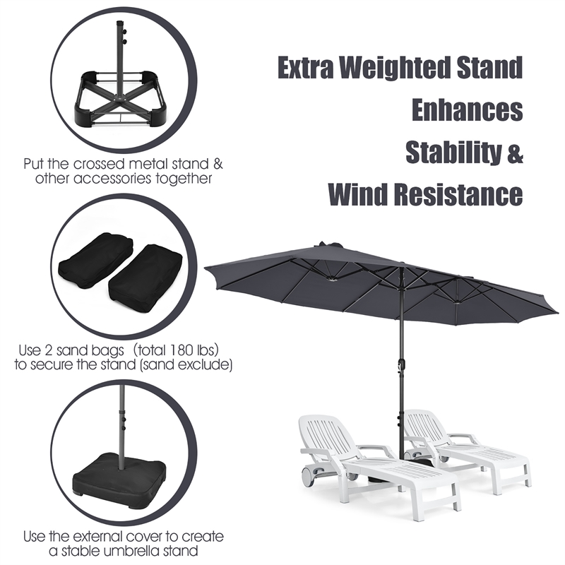 15 Ft Patio Double Sided Umbrella Outdoor Market Umbrella Gray