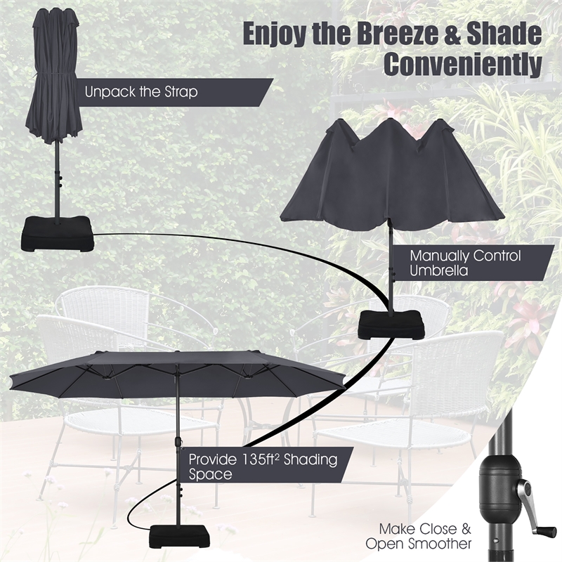15 Ft Patio Double Sided Umbrella Outdoor Market Umbrella Gray