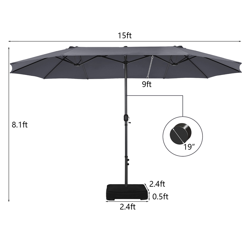 15 Ft Patio Double Sided Umbrella Outdoor Market Umbrella Gray
