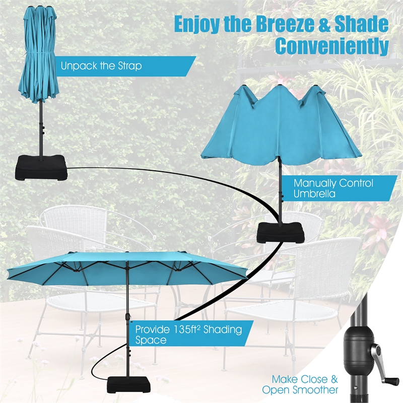 15 Ft Patio Double Sided Umbrella Outdoor Market Umbrella Turquoise