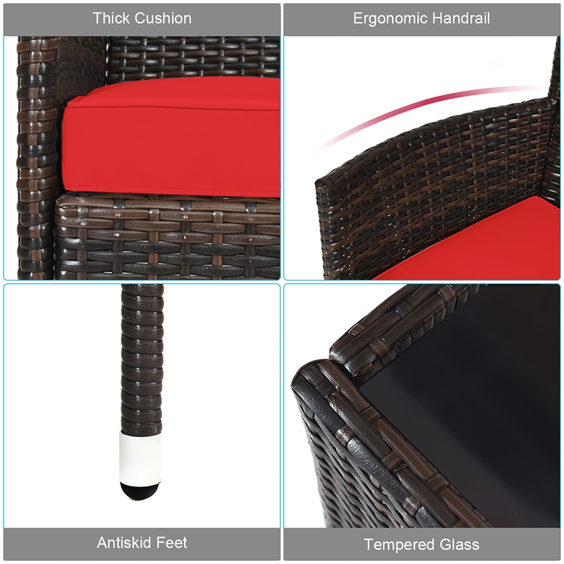 4PCS Rattan Patio Furniture Set Cushioned Sectional Sofa Chair Coffee Table Red